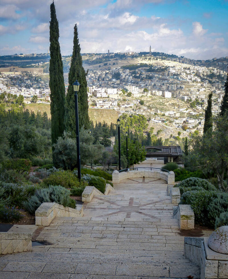 View of white houses and pine trees and rolling hills in Jerusalem
